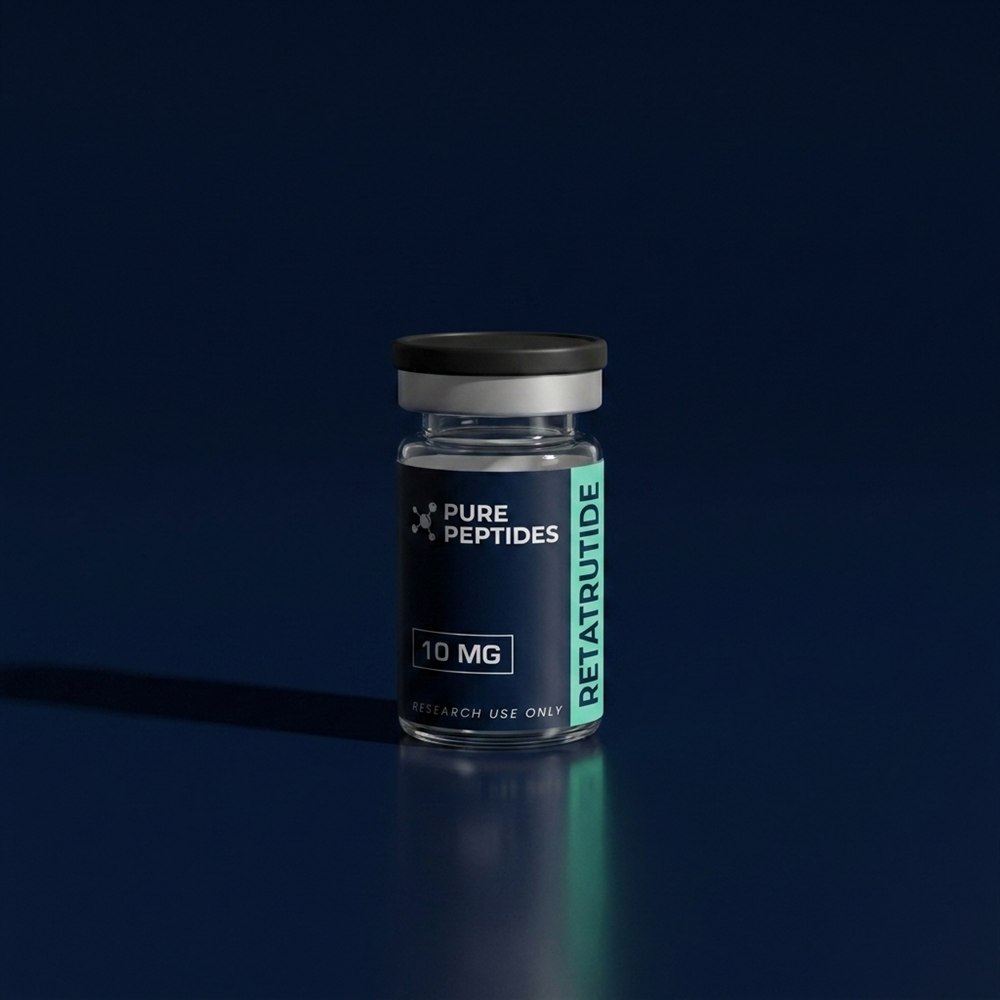 Pure Peptides Retatrutide vial on a deep navy surface