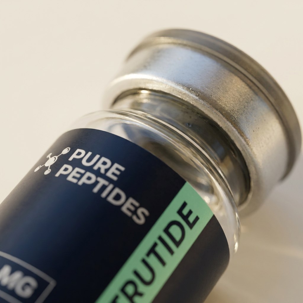 Macro detail of the crimped cap and lot label on a Retatrutide vial