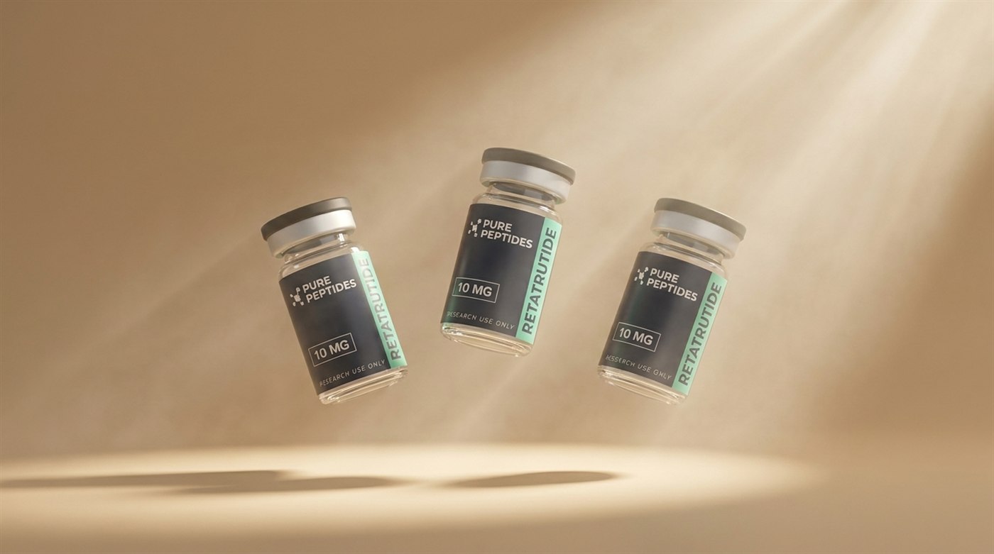 Three Pure Peptides Retatrutide vials suspended in a shaft of daylight