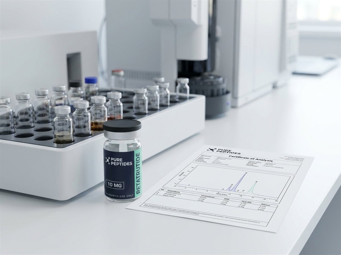 Sealed vial beside an HPLC sample tray and a printed certificate of analysis